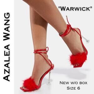 Azalea Wang Warwick Heels Sandals 6 Red Feather Lace Up Clear 4" Stiletto NEW